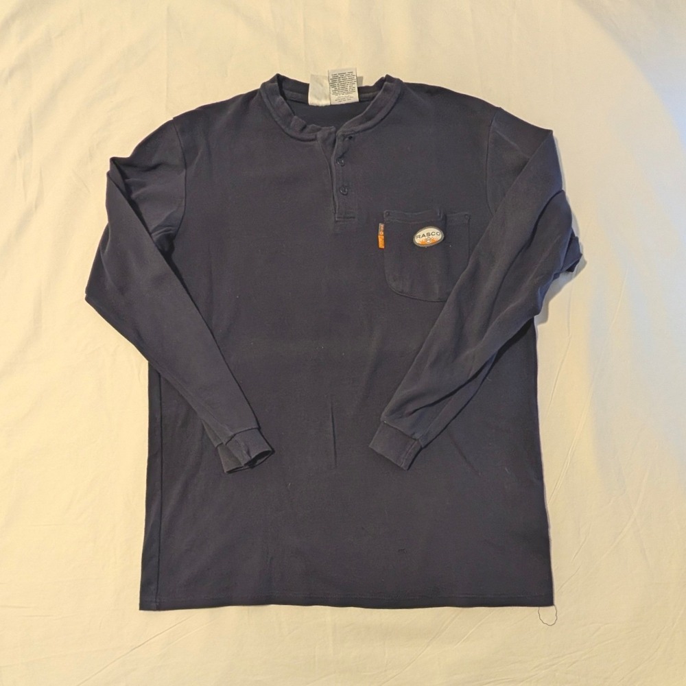 Rasco FR Mens Navy Blue Flame Resistant Long Sleeve Henley Work Shirt Large CAT2